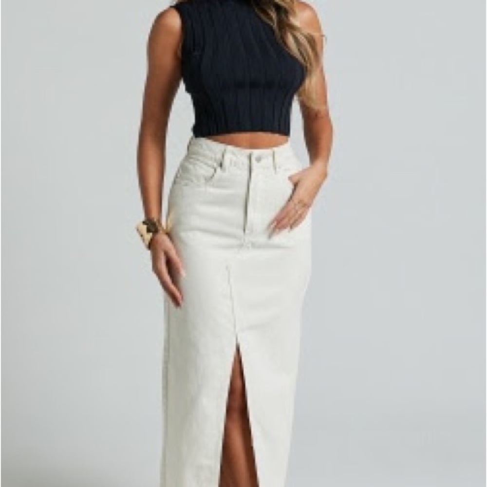 Showpo KIRA MIDI SKIRT - FRONT SPLIT DENIM SKIRT IN ECRU